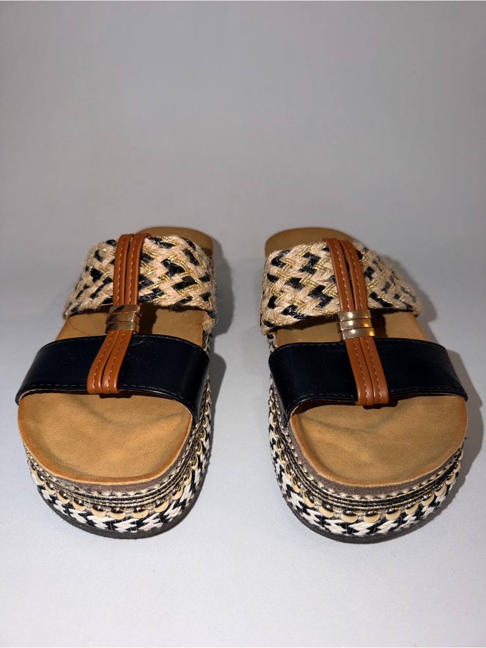 Black and Tan Braided Platform Slide Sandals with Gold Accent